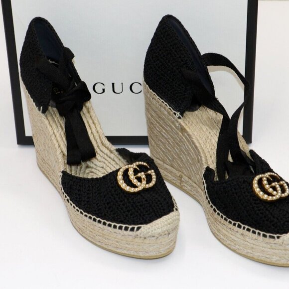 Gucci Cotton Crochet Pearly GG Wrap Platform Espadrille Wedges - Sz 41/ US 10 - Picture 1 of 8